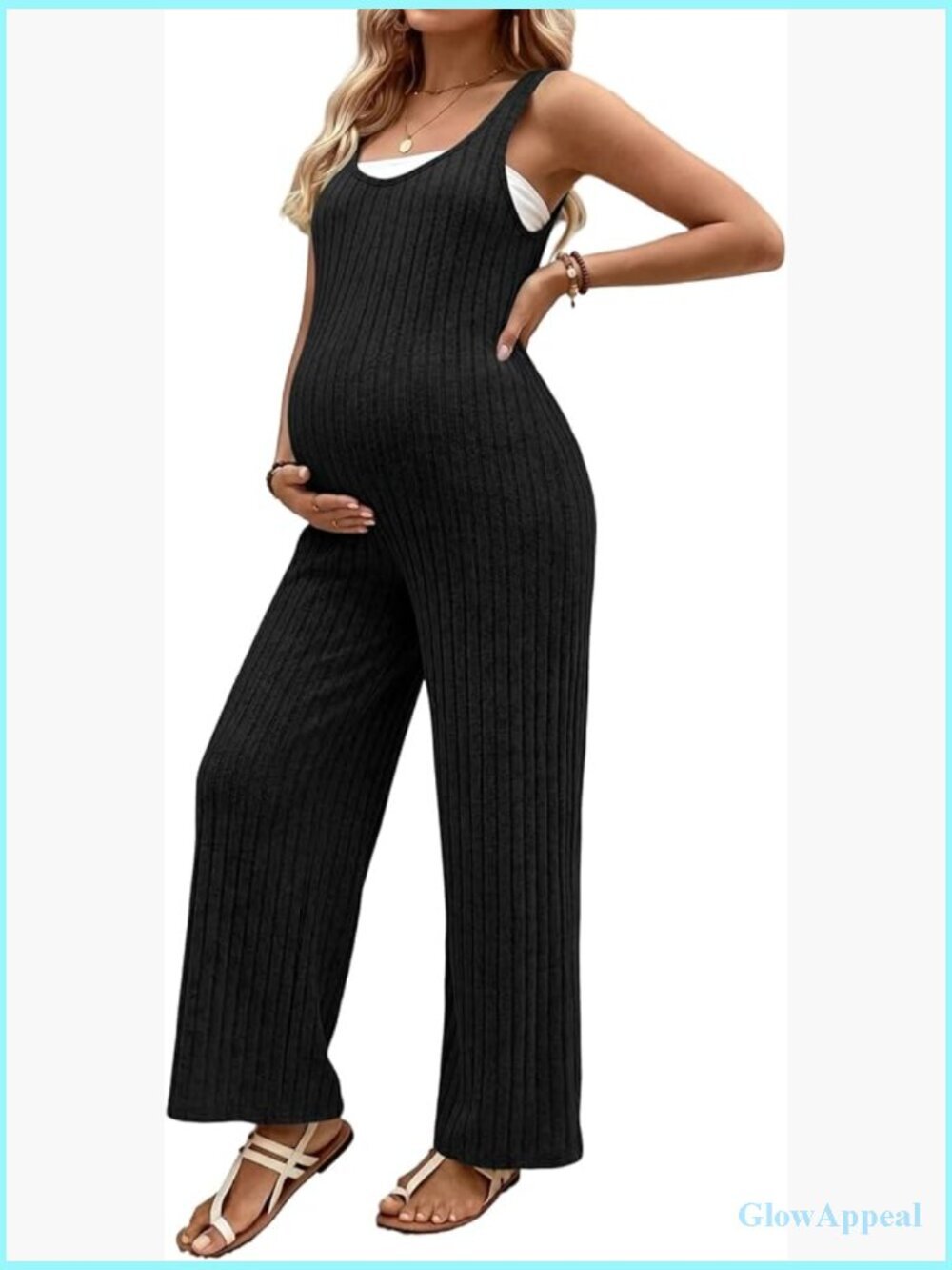 Sleeveless Ribbed Square Neck Maternity Jumpsuit Wide Leg Long Pants Romper